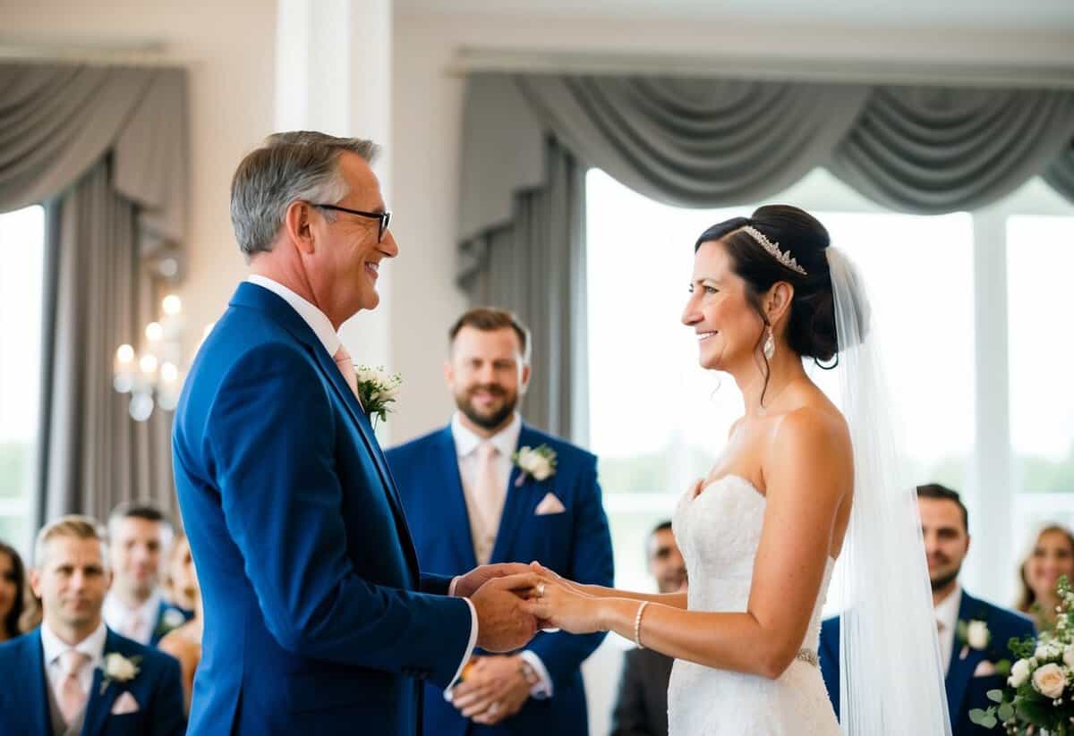 The father of the bride stands proudly as he presents her to the groom, symbolizing the transfer of responsibility and care