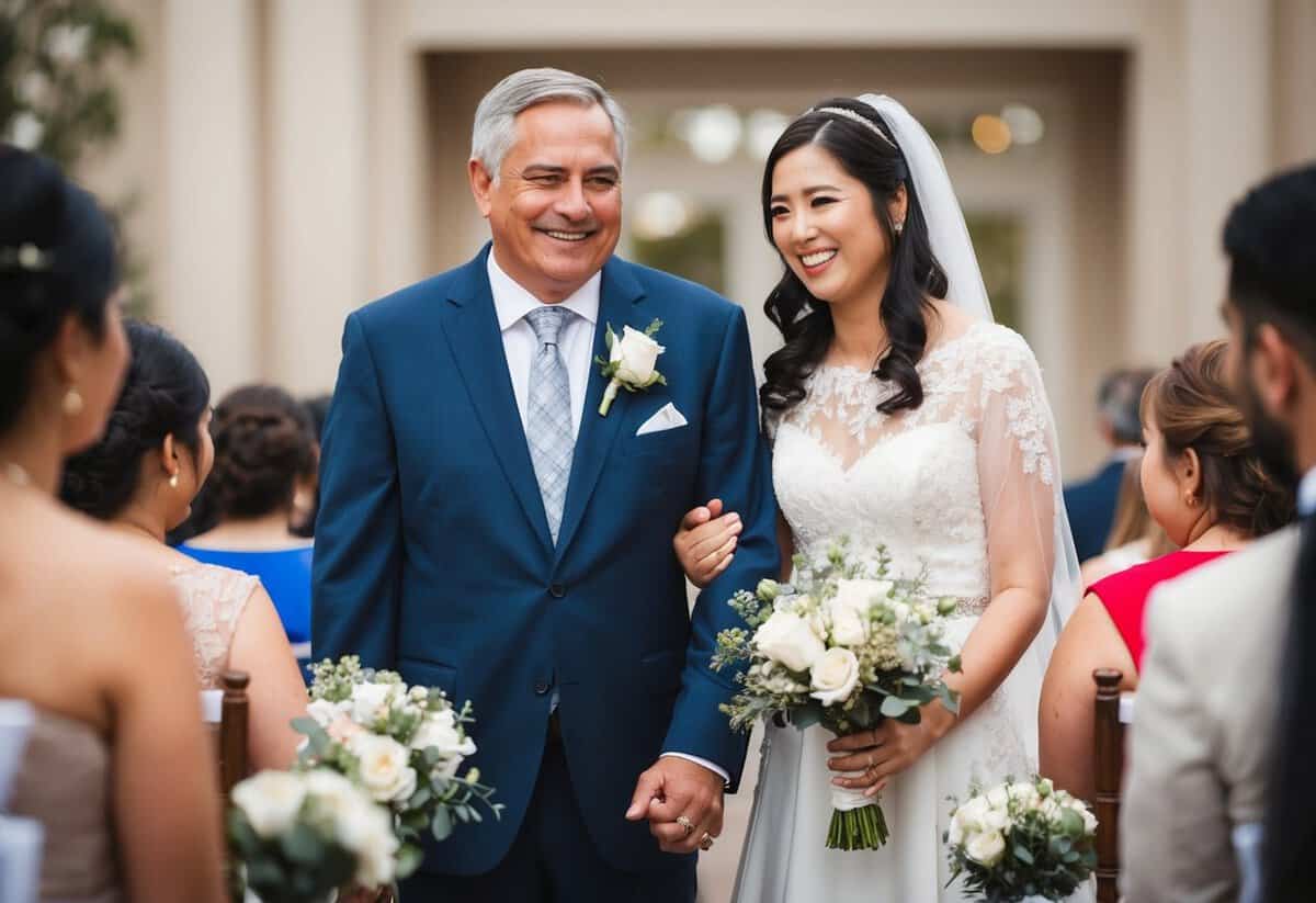 A father stands beside his daughter, smiling as they plan the wedding processional together