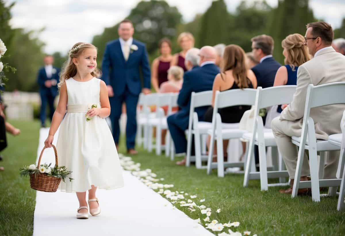 The flower girl walks to the side of the aisle and stands next to a row of chairs, holding her basket of petals