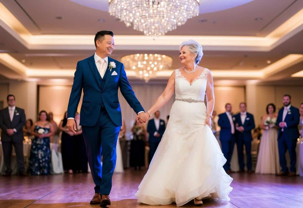 The groom and his mother sway on the dance floor, surrounded by soft lighting and elegant decor