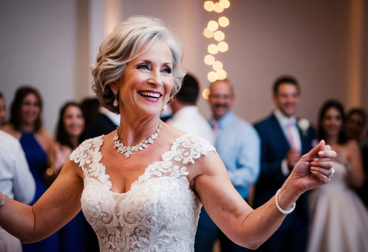 The mother of the bride dances with a beaming smile