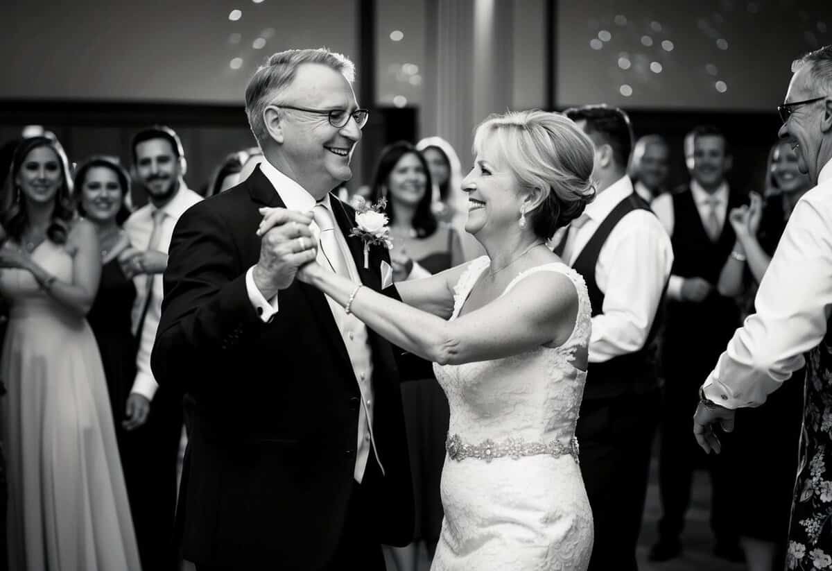 The mother of the bride dances joyfully with a partner, surrounded by smiling guests