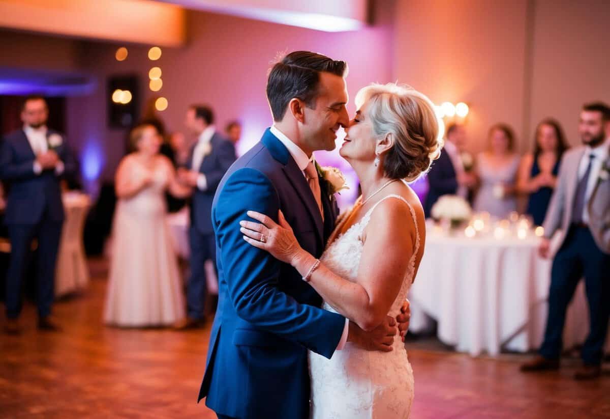 A groom and his mother share a tender moment on the dance floor, surrounded by the warm glow of the reception venue