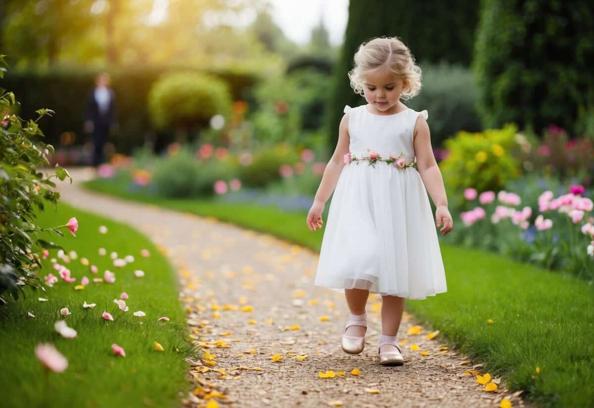 The flower girl wanders off to the side, scattering petals along the path as she explores the garden
