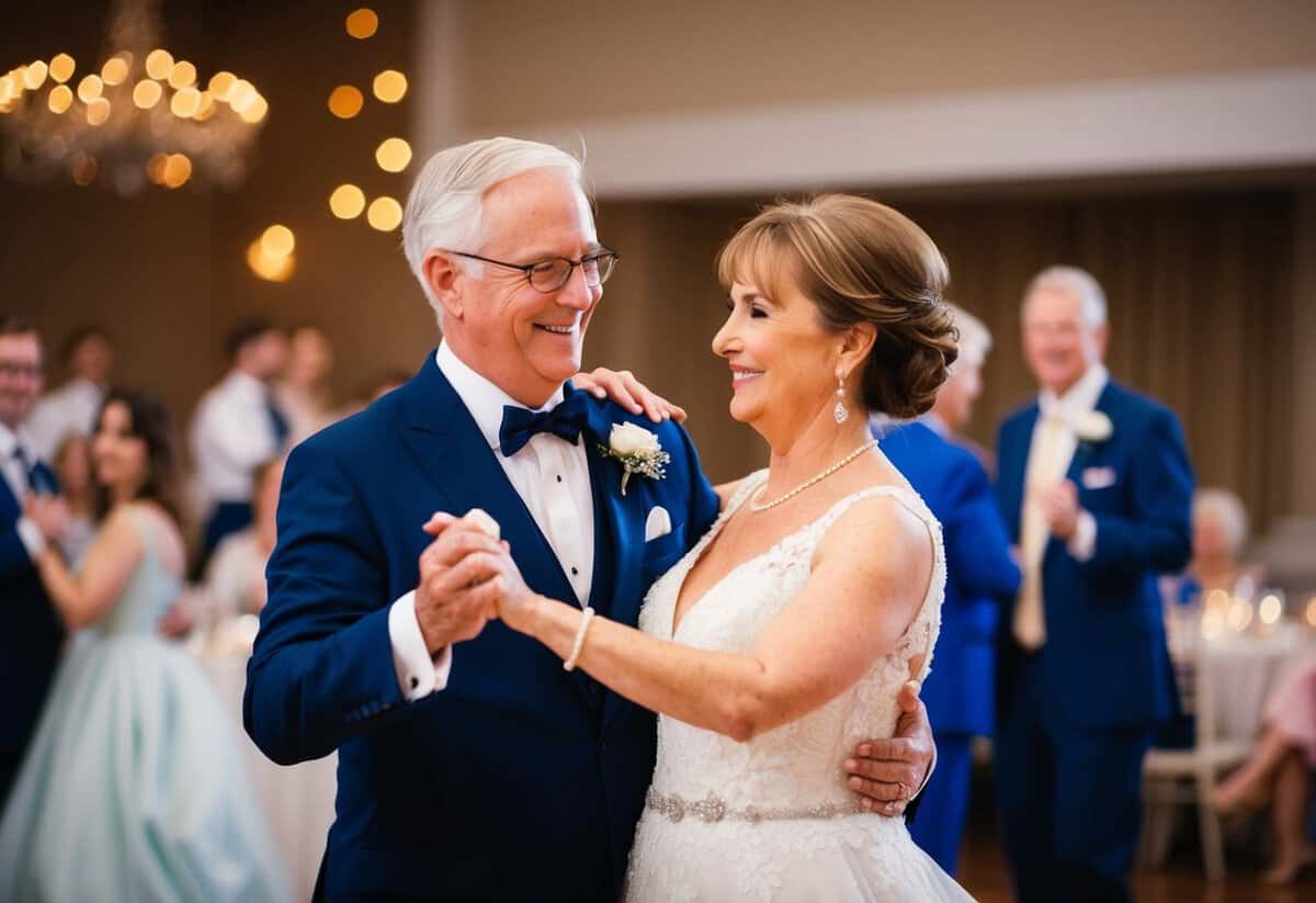 The mother of the bride dances with a partner, smiling and twirling gracefully