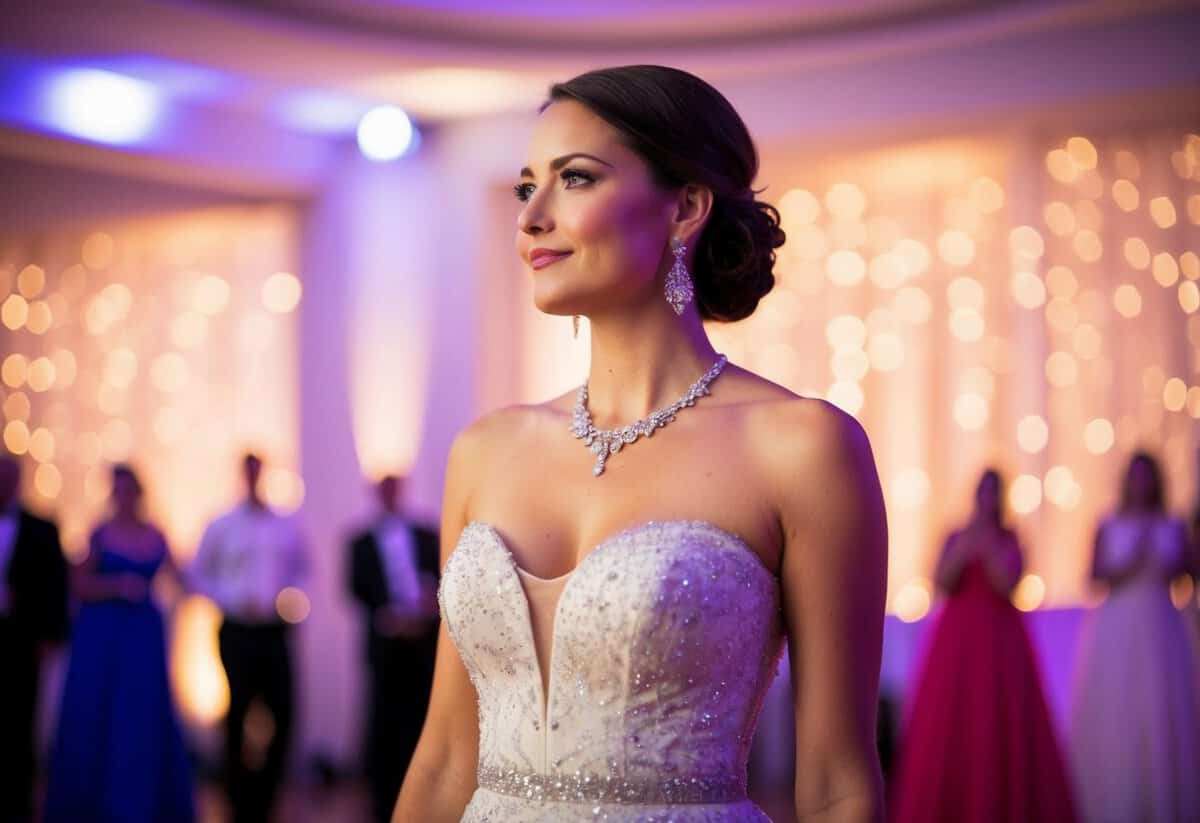 A woman in an elegant dress stands alone on the dance floor, looking around expectantly