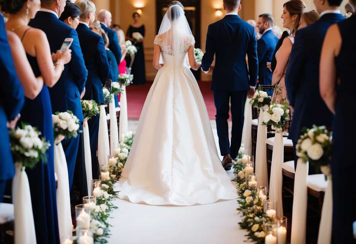 A figure in elegant attire walks down the aisle, leading the way in the wedding ceremony