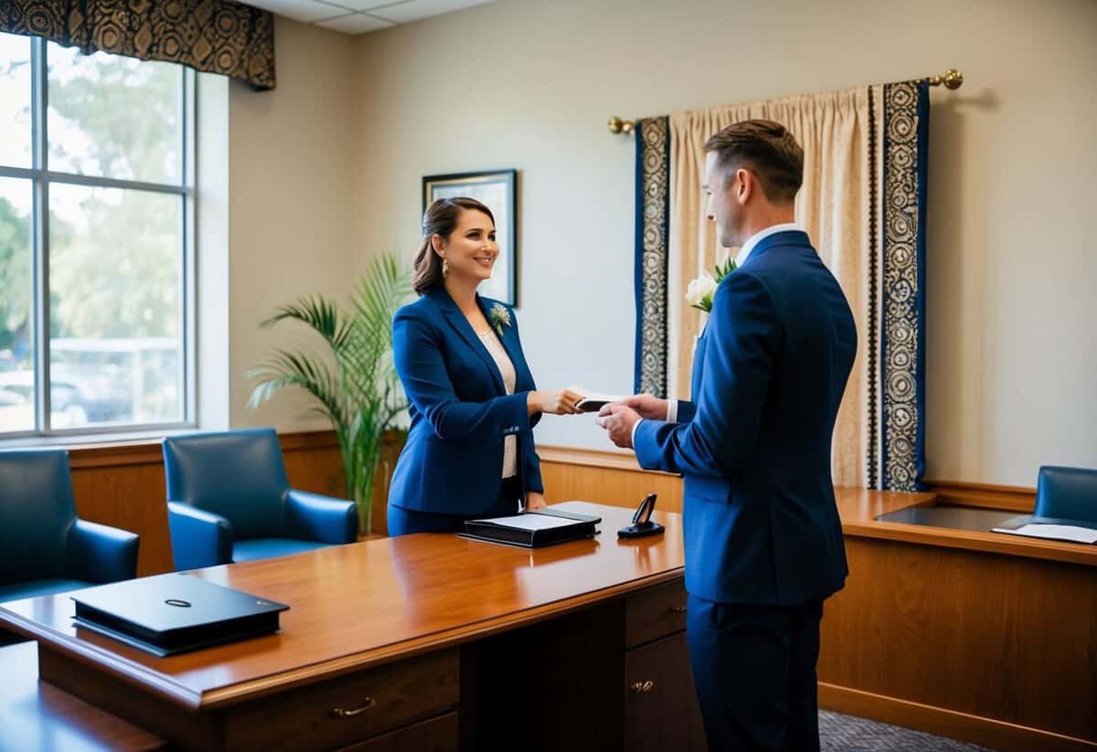 A registrar's office with a desk, chairs, and a decorative backdrop. A couple stands before the registrar, exchanging vows