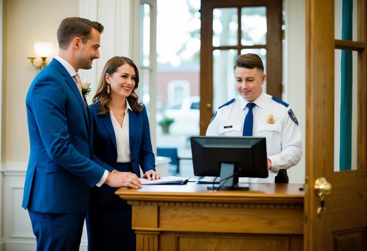 A couple standing at the entrance of a Registrar's office, discussing wedding services with an official behind a desk