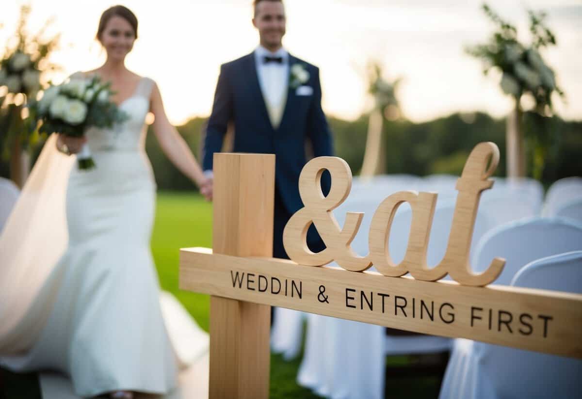 A couple's initials engraved on a modern, personalized wedding sign, with the groom entering first