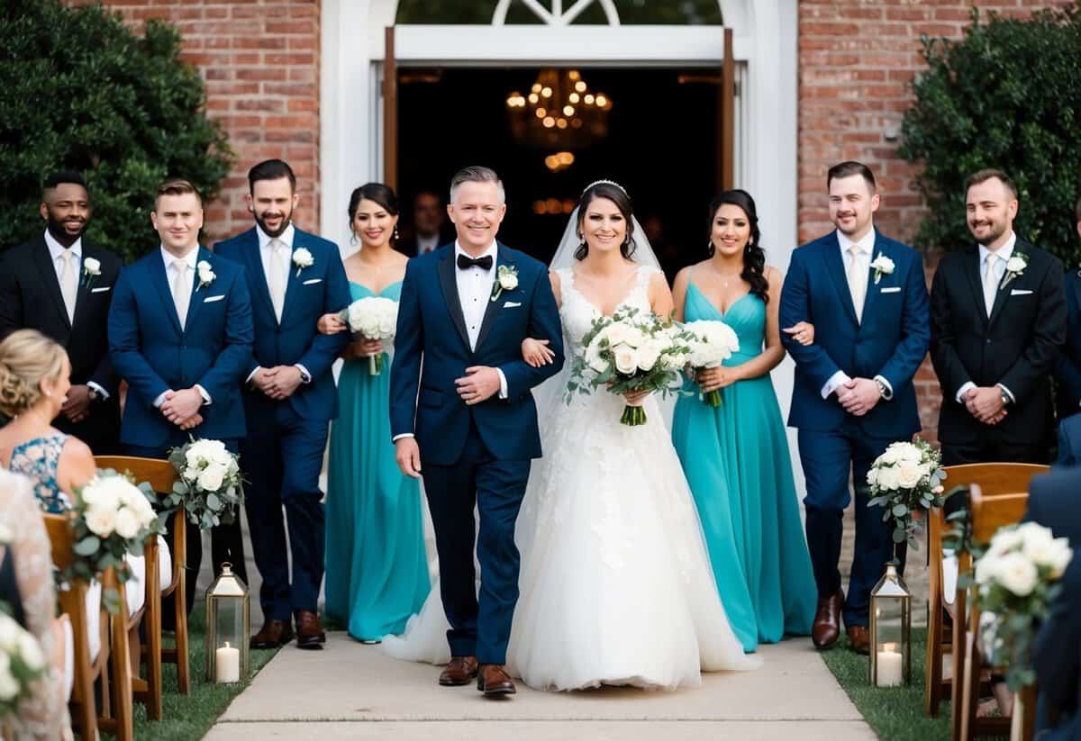 The officiant enters first, followed by the groomsmen and bridesmaids, then the maid of honor and best man, and finally the bride and her escort