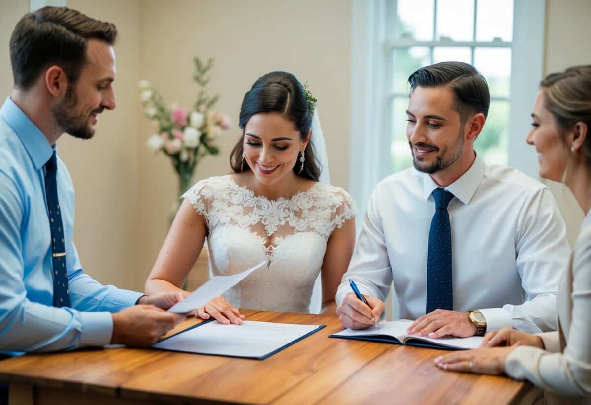 A couple sits at a wooden table with a registrar, discussing wedding plans. The registrar holds a pen and paper, while the couple looks over a document