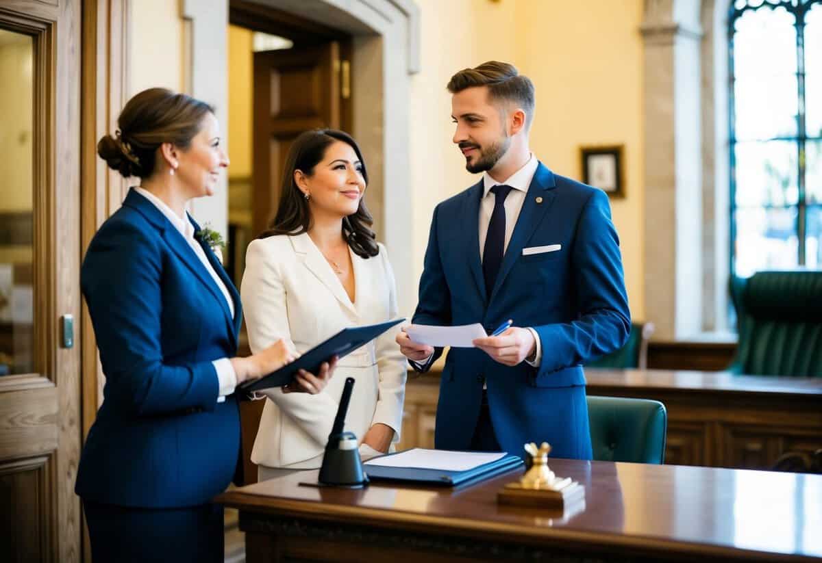 A couple stands at the entrance of a town hall, speaking to a registrar behind a desk. The registrar holds a pen and paper, while the couple listens attentively