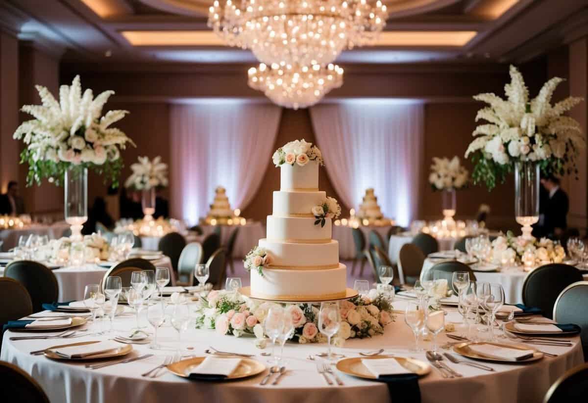 A lavish wedding banquet with elegant decor, floral centerpieces, and a grand cake on display