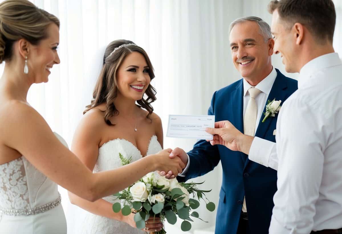 A bride's parents handing over a check or cash to a wedding planner or vendor