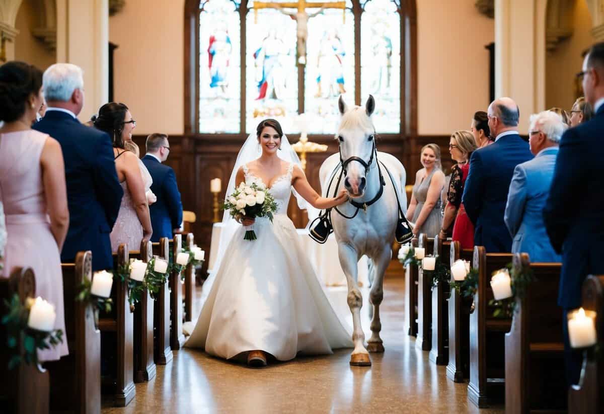 A majestic white horse leads the bride to the altar