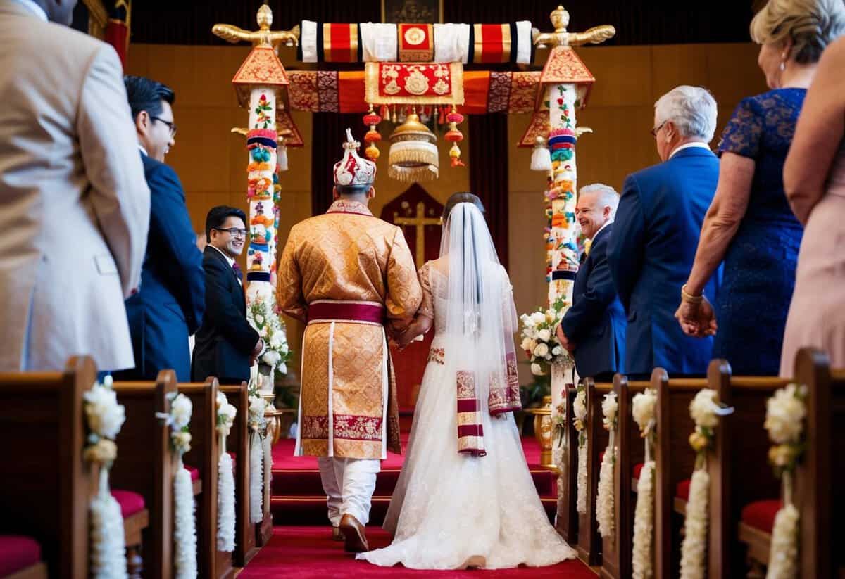 A figure leading the bride to the altar, surrounded by cultural symbols and traditional decorations