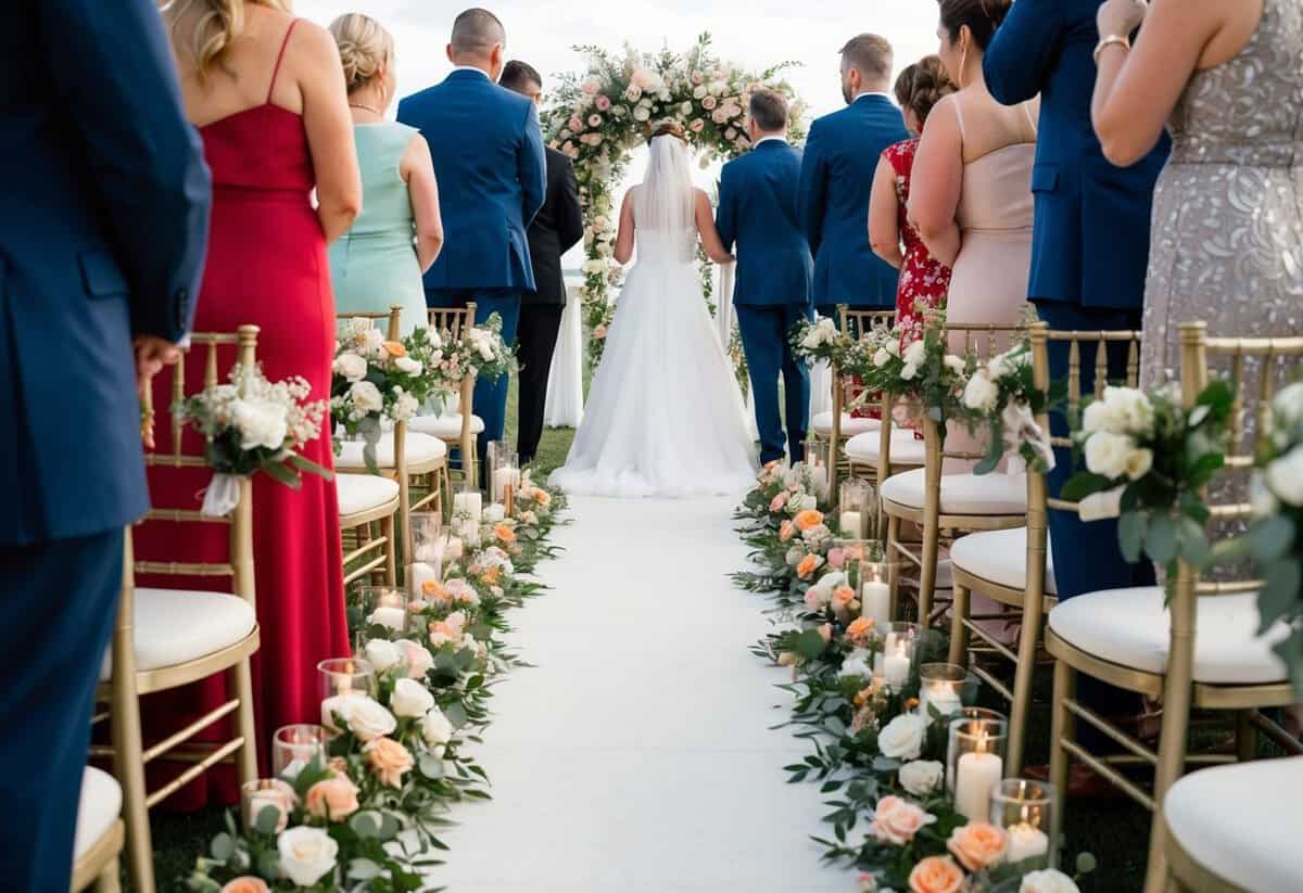 A flower-adorned pathway leads to the altar, flanked by guests