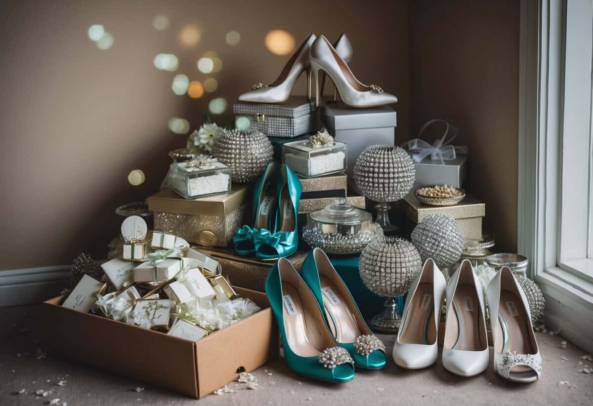 A pile of unused wedding favors, a box of expensive but never-worn shoes, and a collection of overly extravagant centerpieces gather dust in a forgotten corner