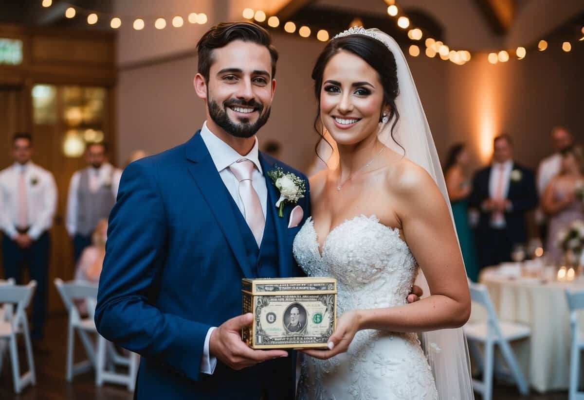 A bride and groom holding a decorative money box at their wedding reception