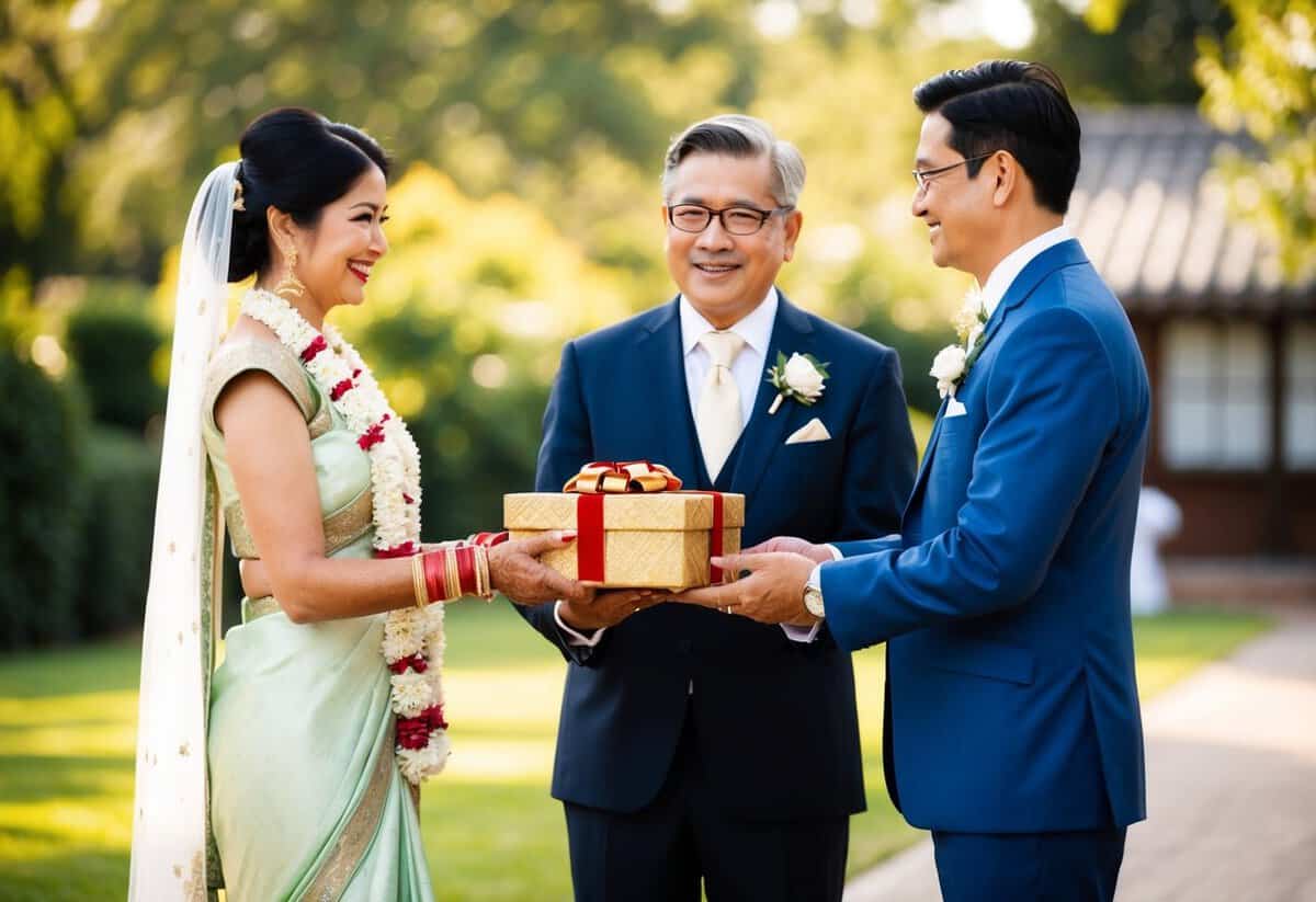 A traditional wedding scene with the groom's parents presenting a gift or financial contribution to the couple