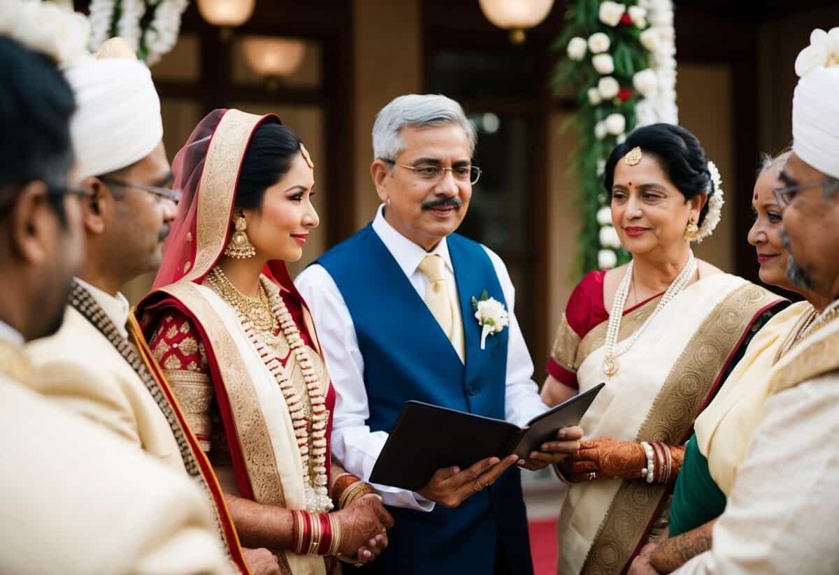 A traditional wedding scene with the groom's parents discussing financial responsibilities with the couple and other family members
