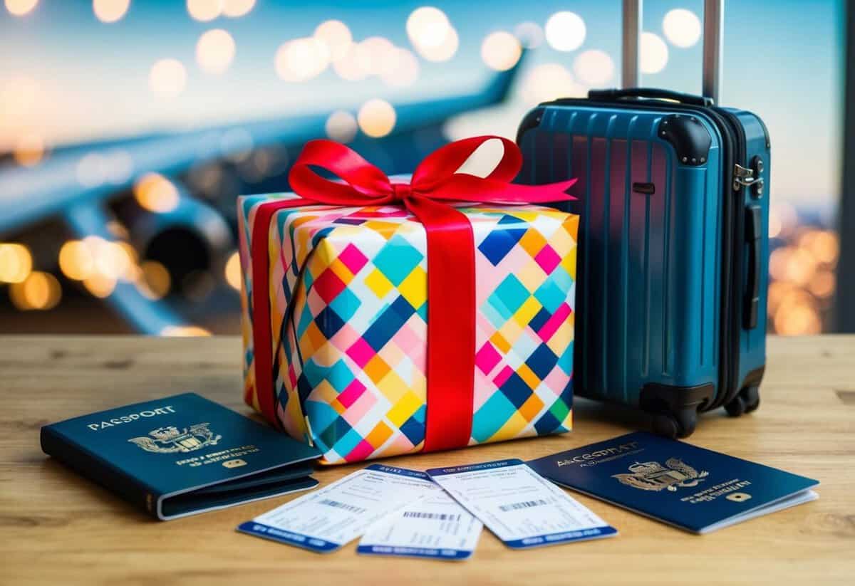 A beautifully wrapped gift box surrounded by travel essentials like a suitcase, passport, and plane tickets