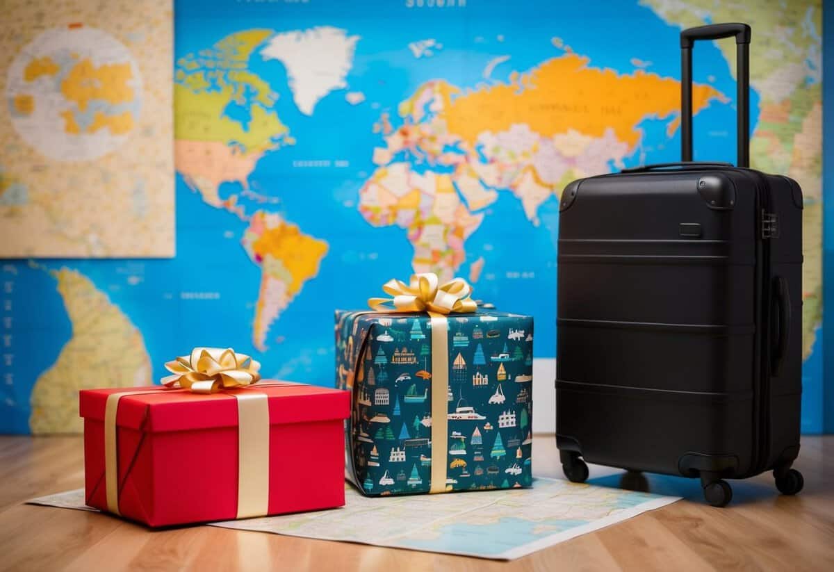 A beautifully wrapped gift box surrounded by luggage and a map, indicating travel