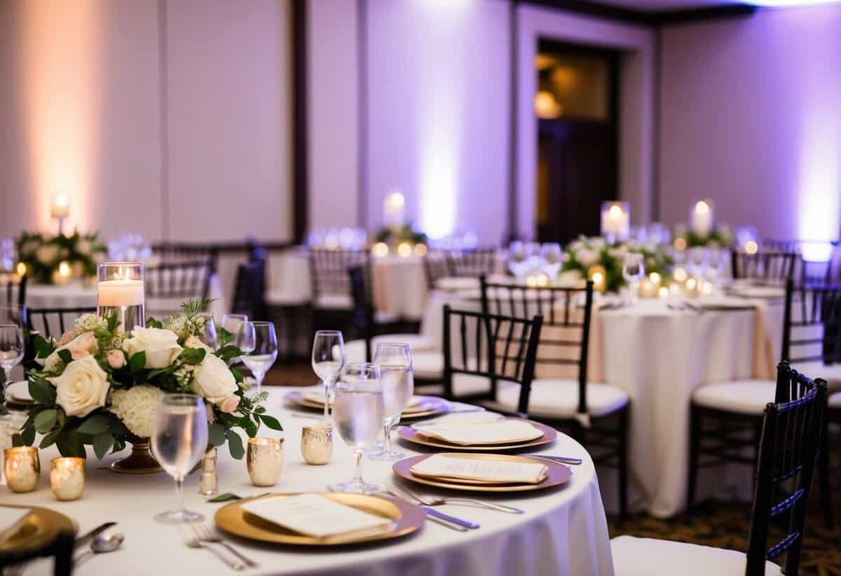 A wedding reception scene with a table set for a formal dinner, with elegant place settings and floral centerpieces
