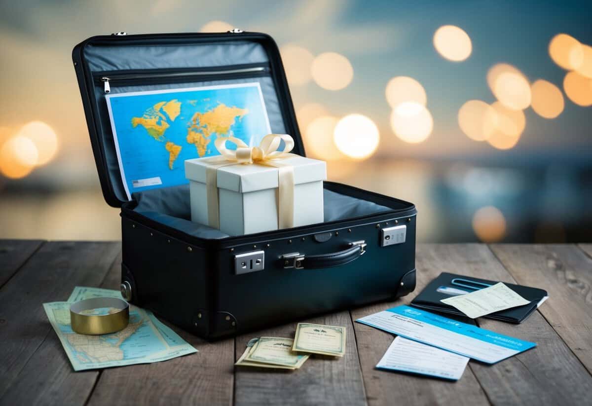 A suitcase with a wedding gift inside, surrounded by a map, plane ticket, and travel receipts