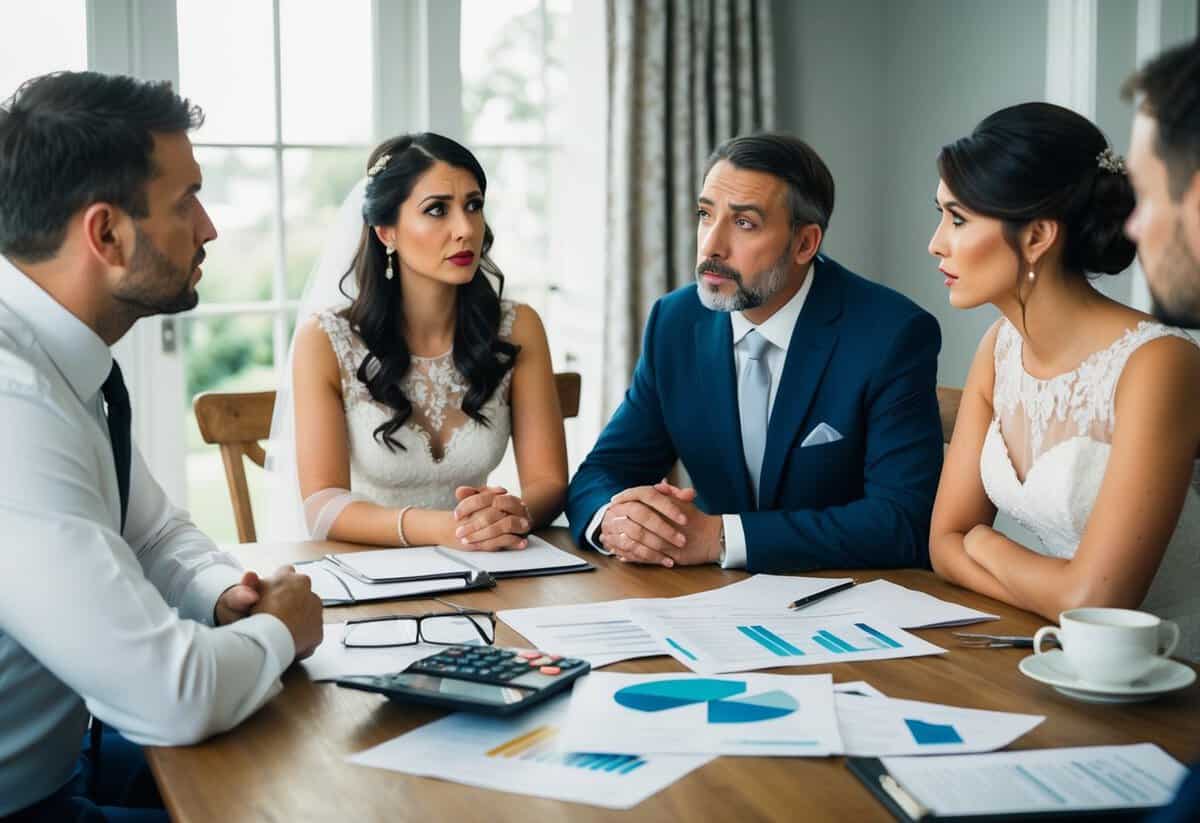 A family discussion around a dining table, with the groom's parents looking concerned while the bride and groom sit opposite them. A wedding budget and financial documents are spread out on the table