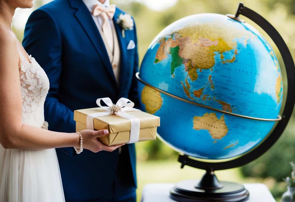 A modern wedding guest holding a beautifully wrapped gift while standing in front of a globe, symbolizing the act of traveling to attend the wedding