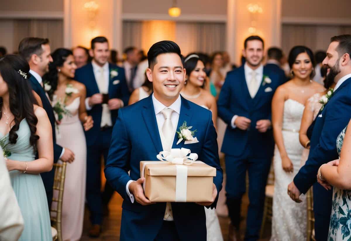 Guest holding a wrapped gift while walking through a crowded wedding reception, surrounded by the bridal party and other guests