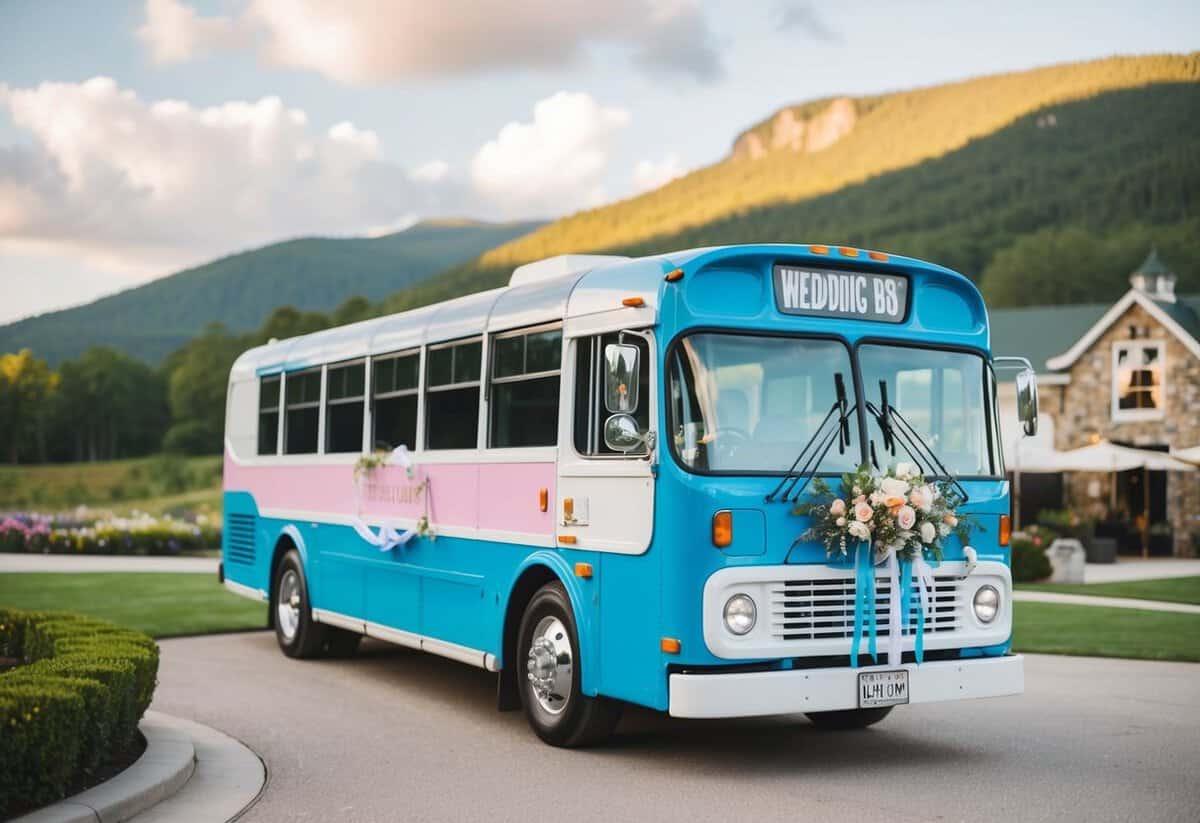 A colorful wedding bus parked in front of a scenic venue, with flowers and ribbons adorning the vehicle