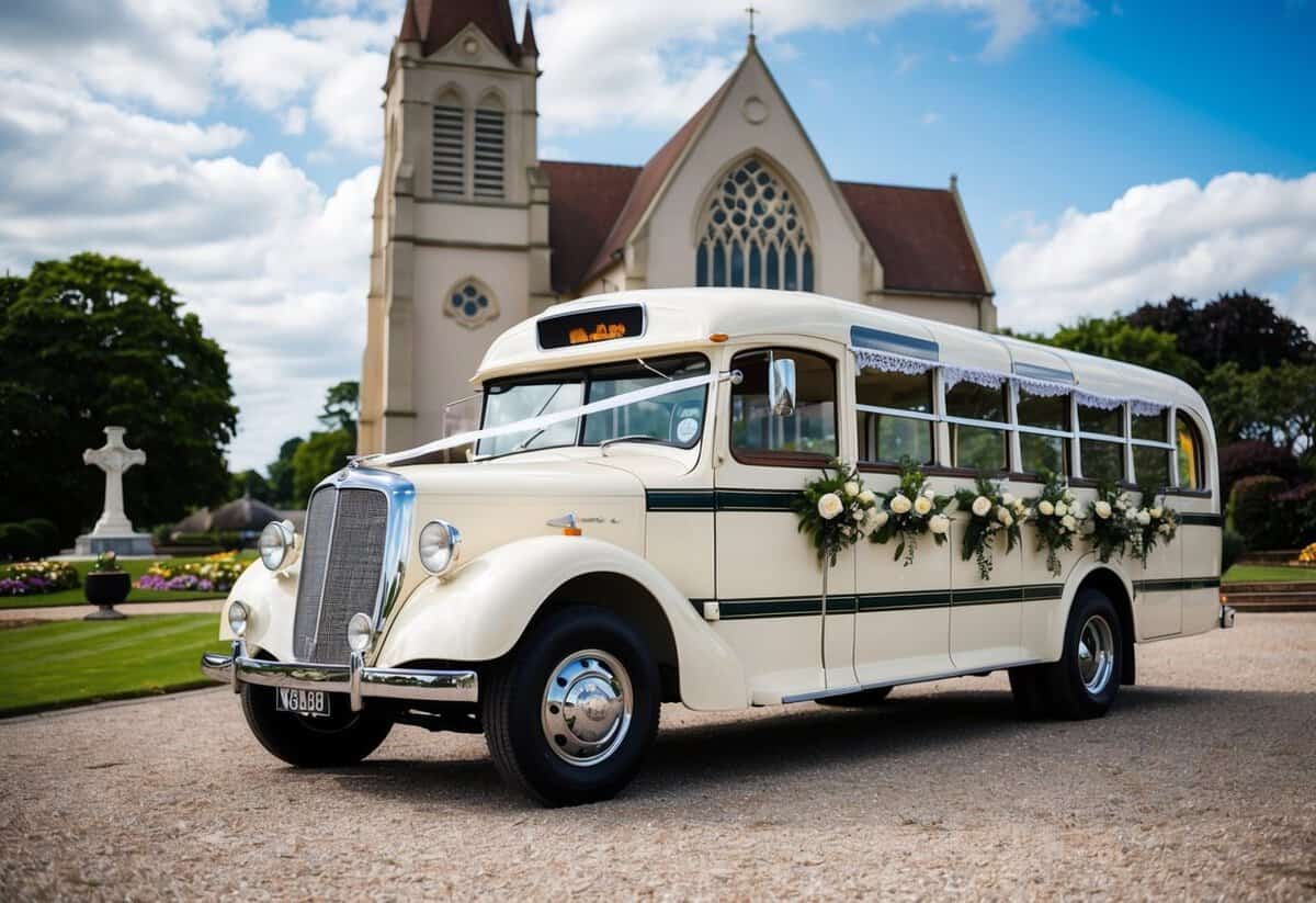 A vintage wedding bus parked in front of a grand church, adorned with ribbons and flowers, ready to transport the bridal party
