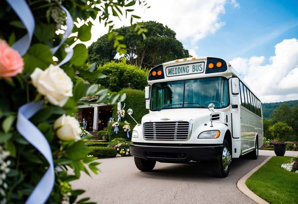 A wedding bus parked in front of a scenic venue, surrounded by lush greenery and adorned with decorative ribbons and flowers