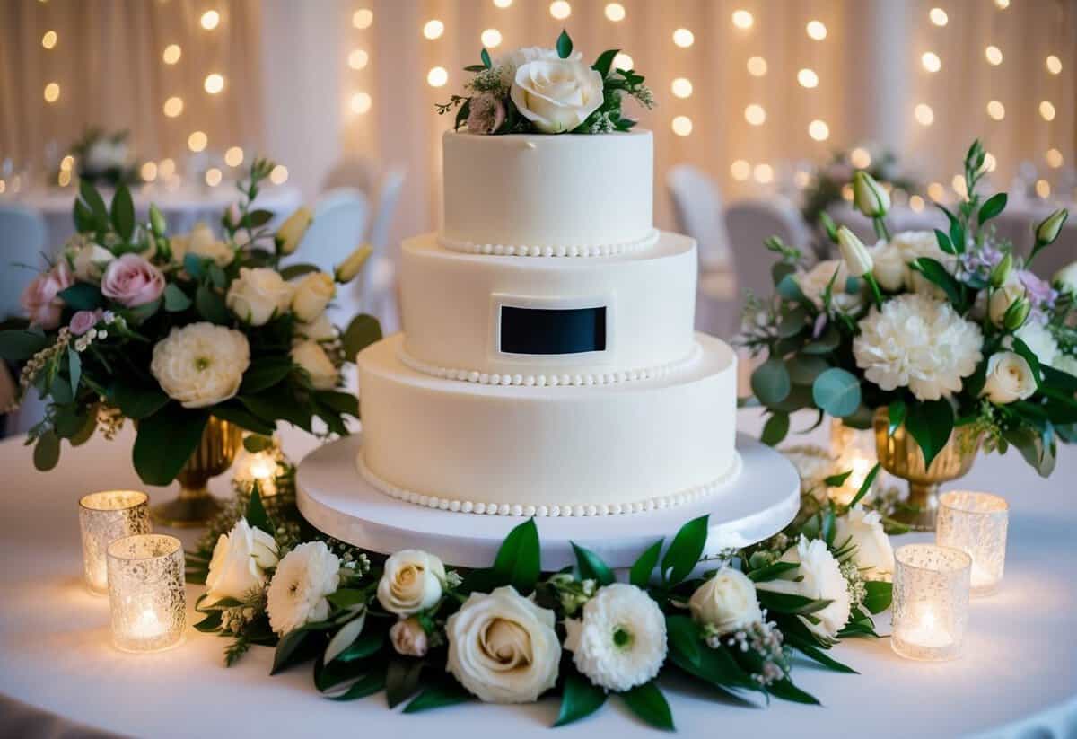 A beautifully decorated wedding cake with a slot for cash gifts, surrounded by elegant floral arrangements and twinkling fairy lights