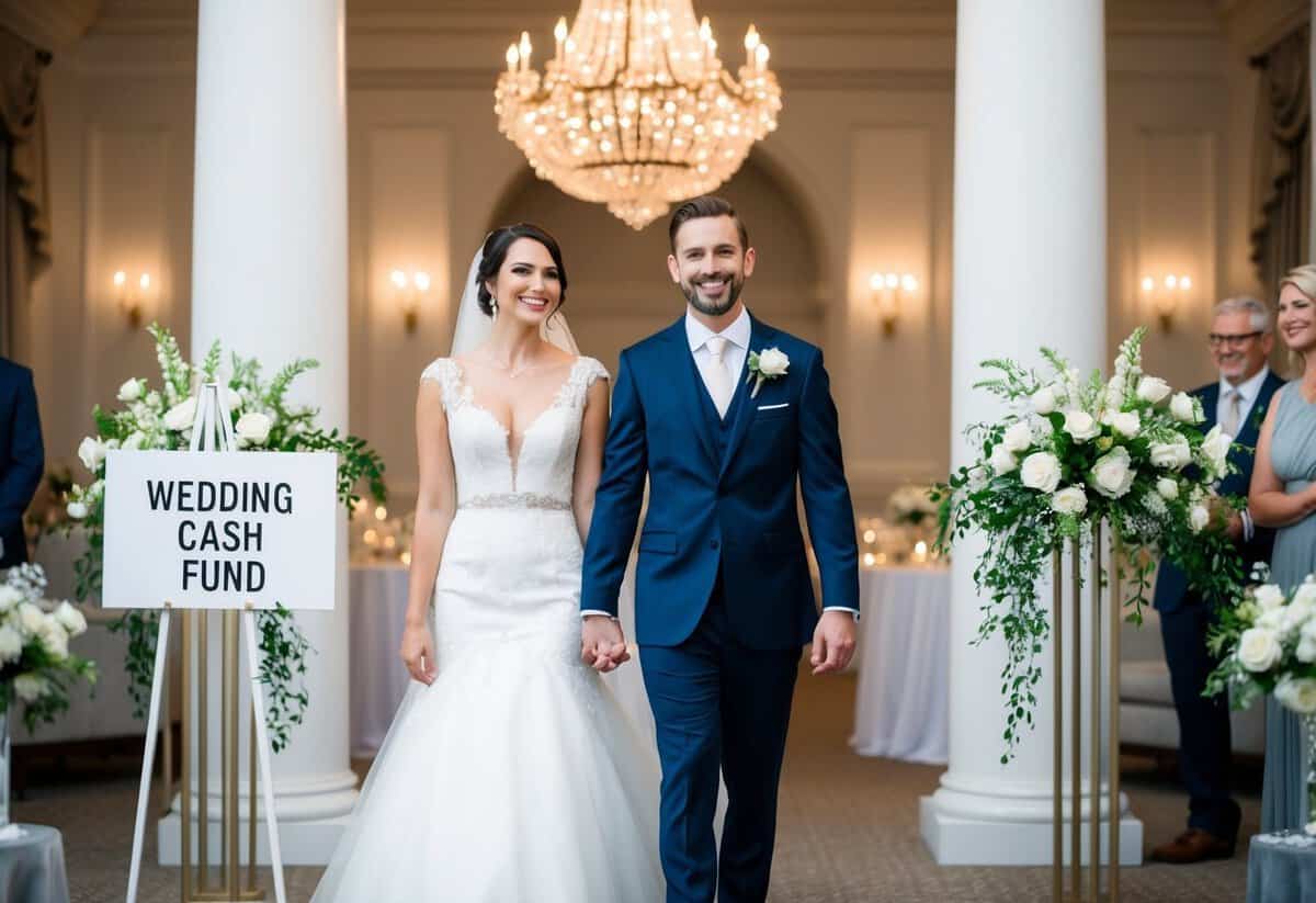 A bride and groom holding hands, surrounded by elegant wedding decor and a table displaying a "Wedding Cash Fund" sign