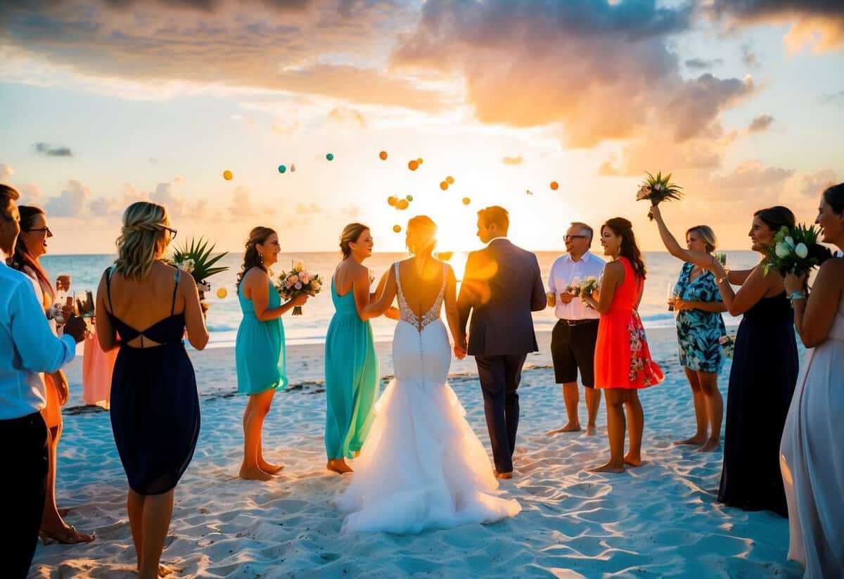 A beach wedding with a tropical backdrop. Guests mingle and celebrate under a colorful sunset