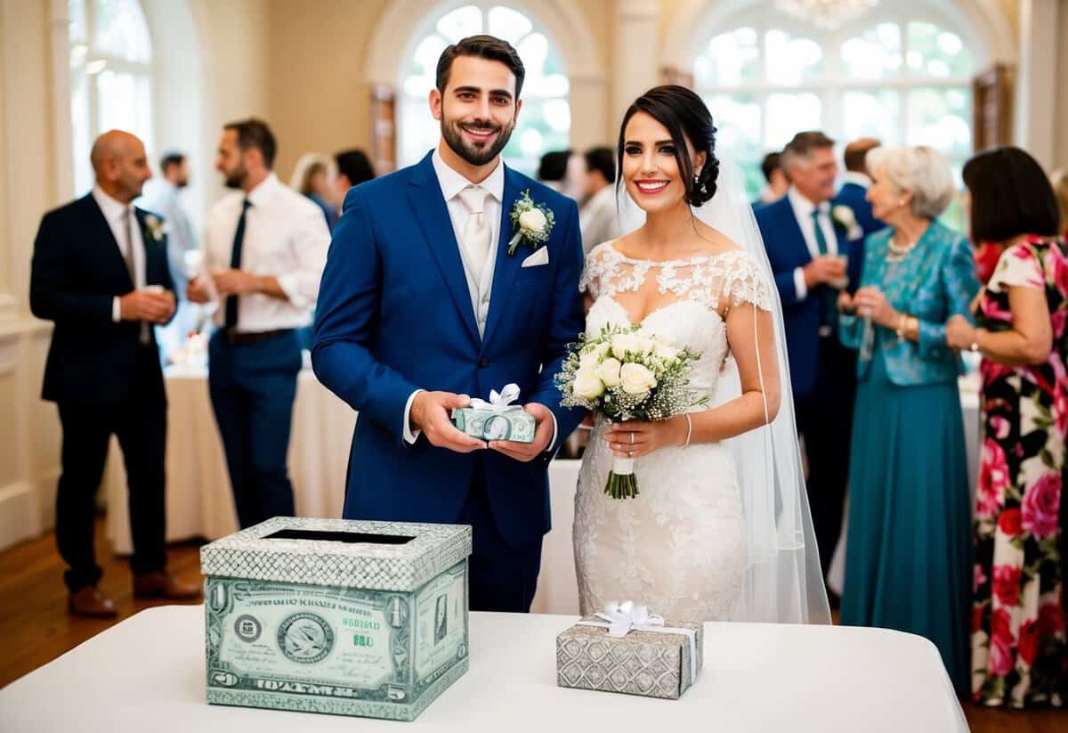 A bride and groom standing at a table with a decorative box for cash gifts. Guests mingle in the background, admiring the elegant display