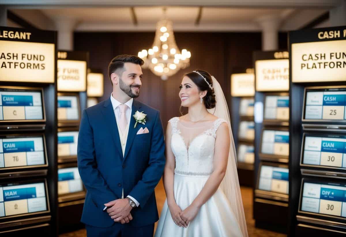 A bride and groom standing in front of a display of elegant cash fund platforms, weighing their options with thoughtful expressions
