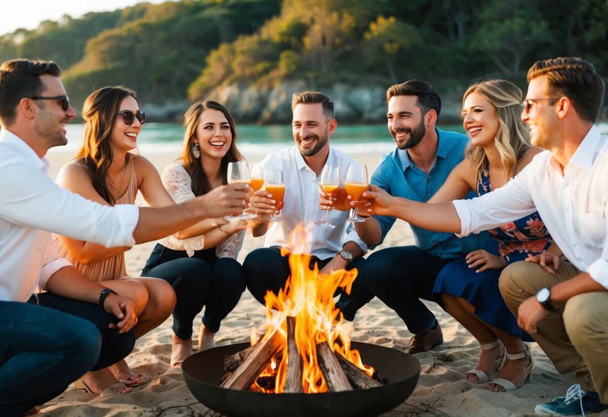 A group of friends sitting around a bonfire on the beach, toasting with drinks and laughing together at a destination wedding