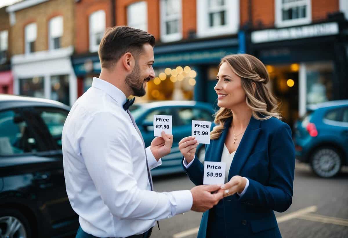 A couple comparing prices at various wedding vendors in the UK
