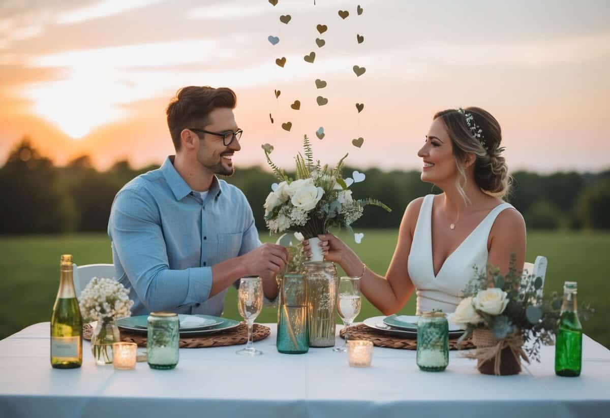 A couple cutting costs by making DIY wedding decorations and centerpieces using recycled materials and thrifted items