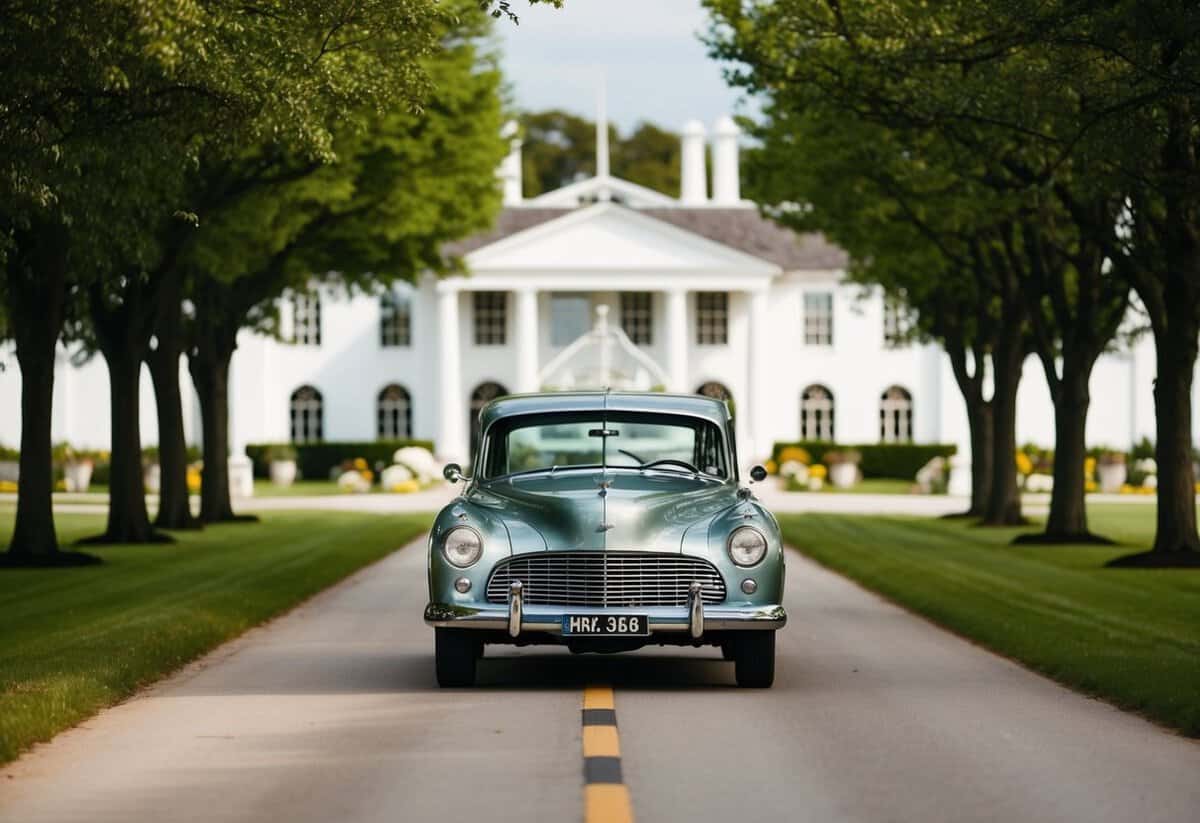 A vintage car drives down a tree-lined road towards a grand, white wedding venue