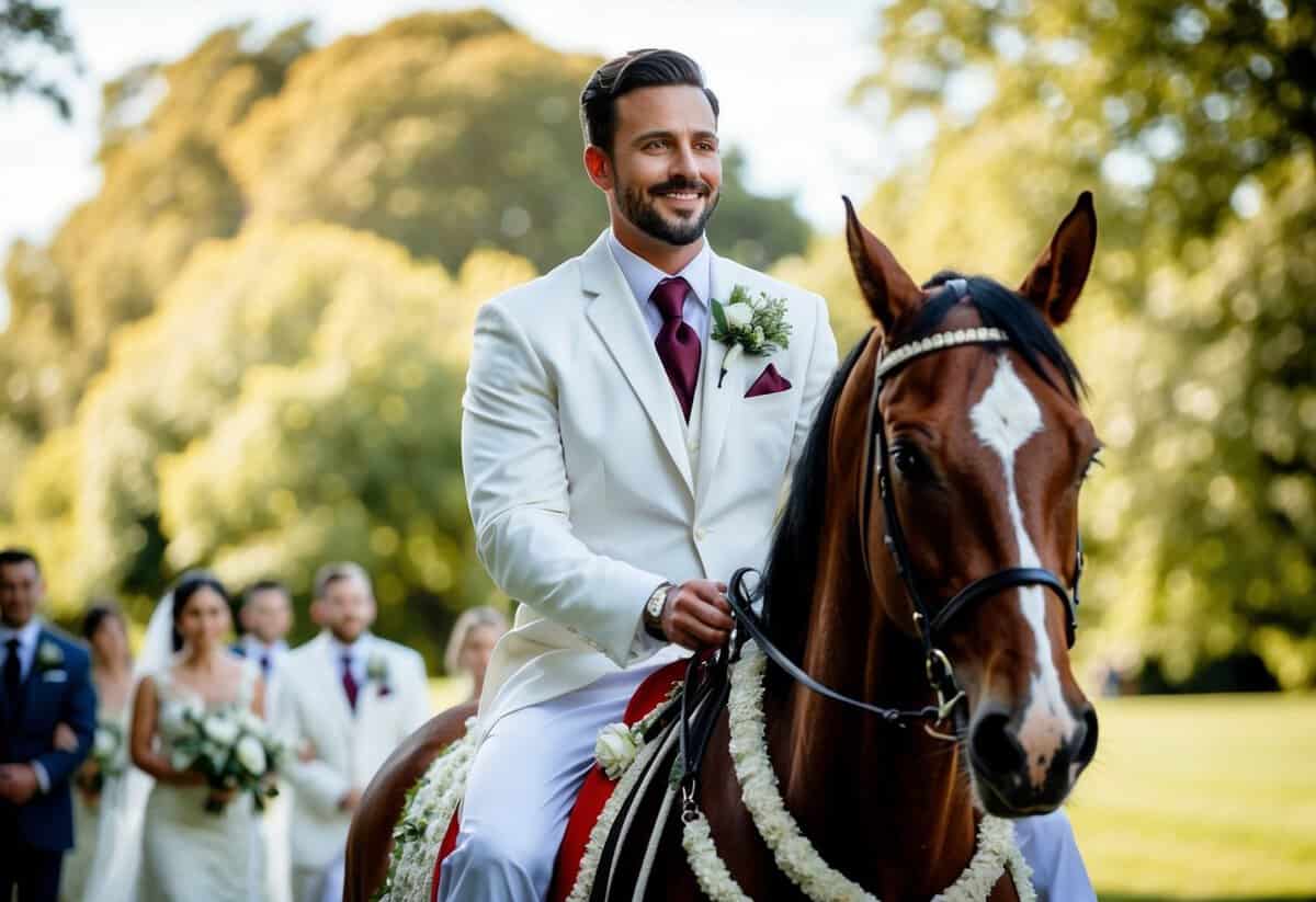 The groom rides a decorated horse in the wedding processional