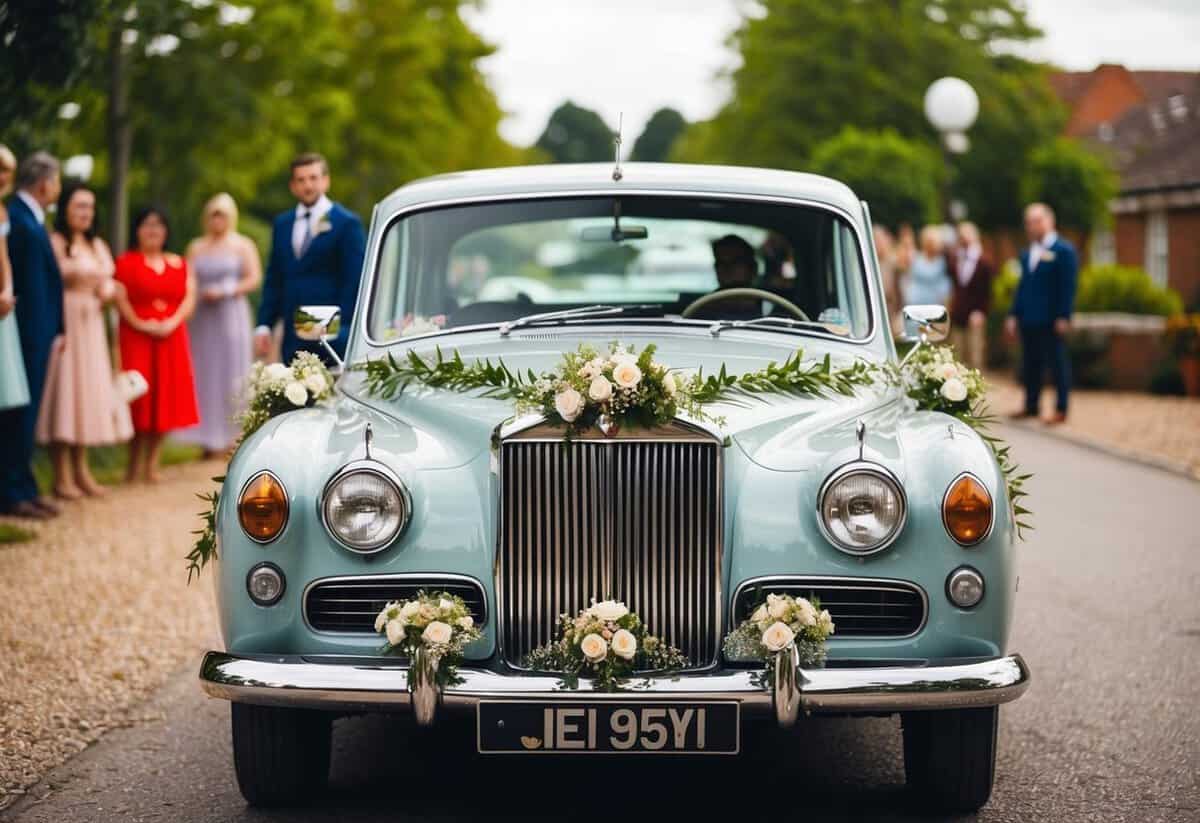A vintage car decorated with flowers drives the groom to the wedding venue