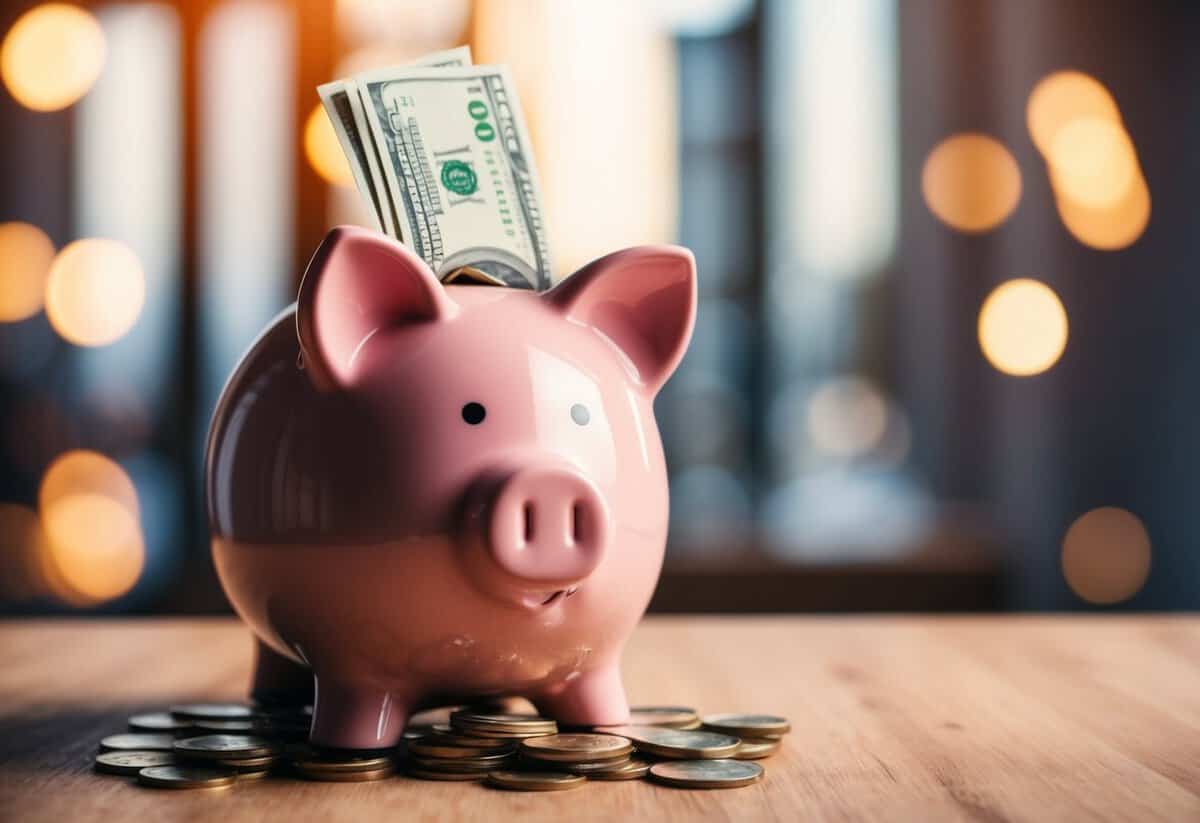 A piggy bank filling up with coins and bills over time