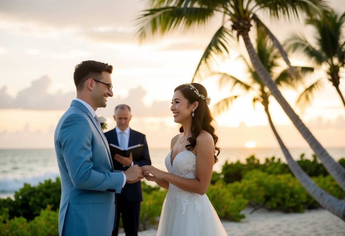 A couple exchanging vows on a tropical beach with palm trees and a sunset in the background