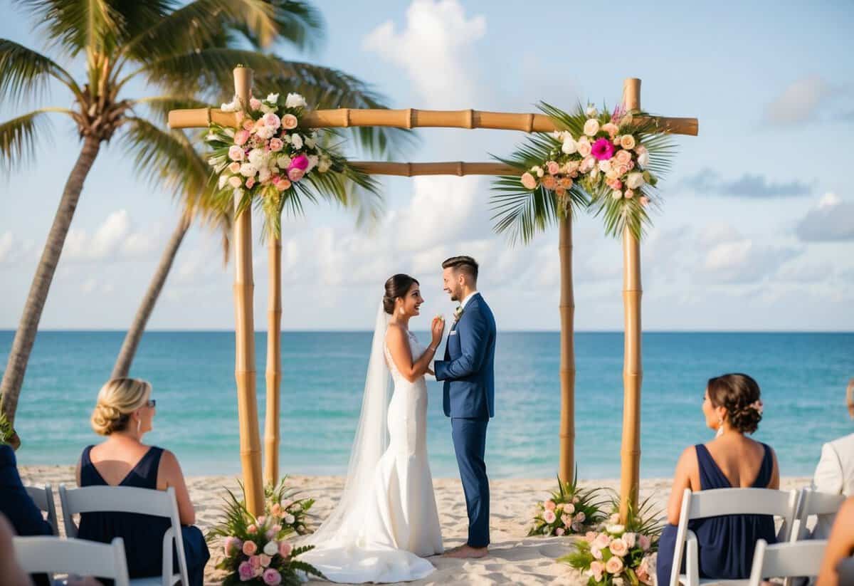 A tropical beach wedding with a couple exchanging vows under a bamboo arch adorned with flowers, with a backdrop of palm trees and the ocean